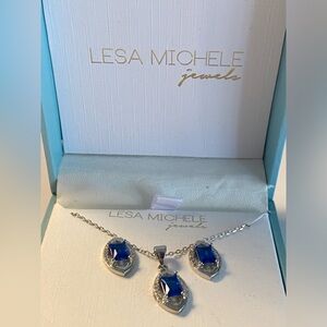 Lesa Michele Silver Plated Cubic Zirconia Necklace & Earrings Set – Blue Stones